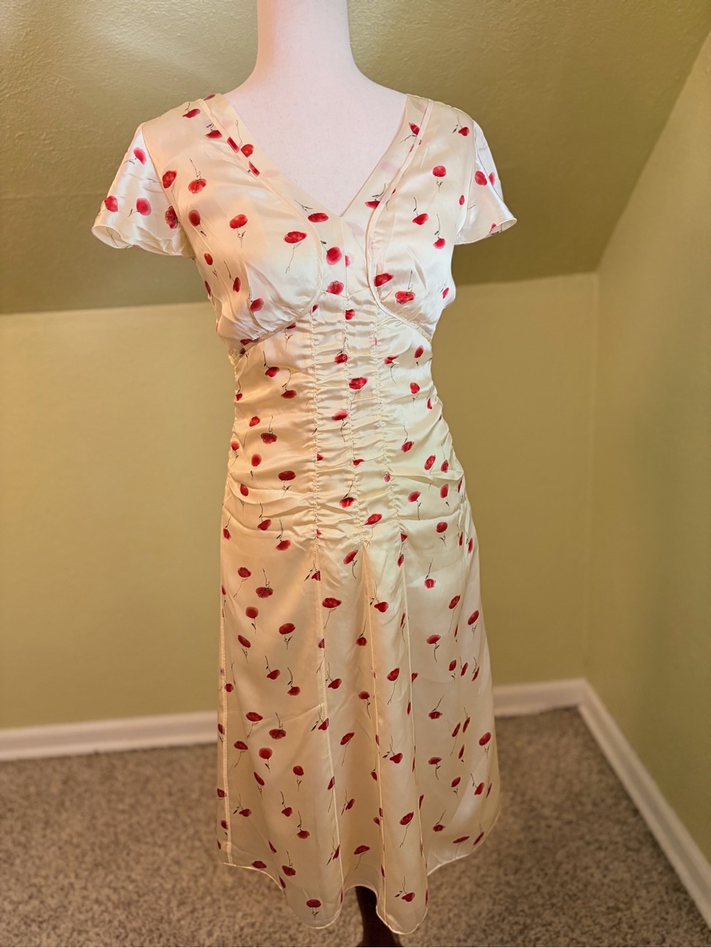 VTG 90s Moda International Victorias Secret 100% Silk Ruched Poppy Midi Dress 6